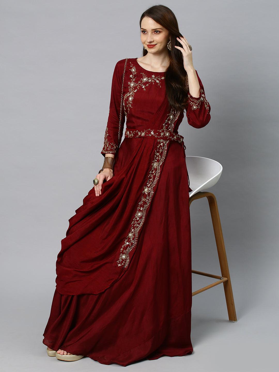 Floral Hand Embroidered Flared Maxi Dress - Wine - Indiakreations