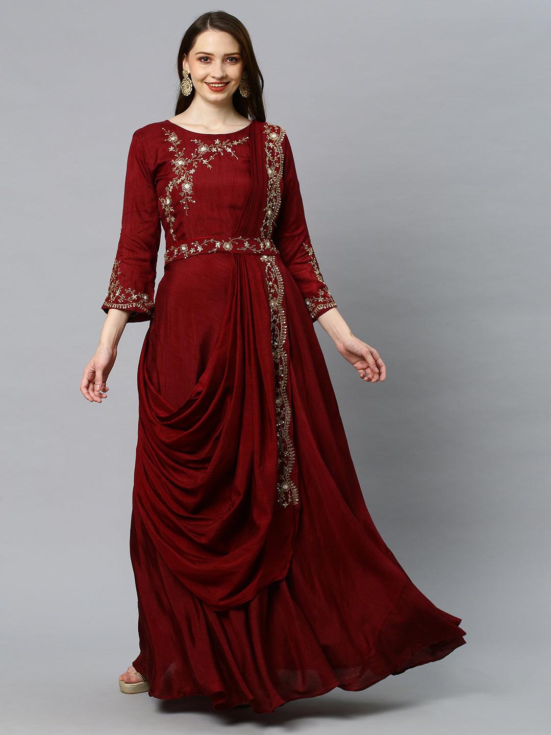 Floral Hand Embroidered Flared Maxi Dress - Wine - Indiakreations