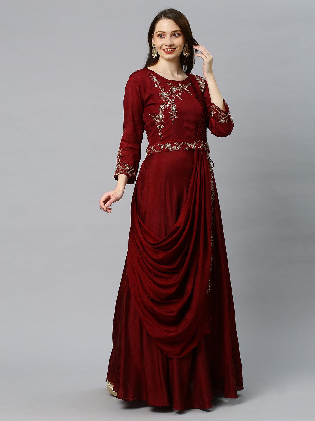 Floral Hand Embroidered Flared Maxi Dress - Wine - Indiakreations