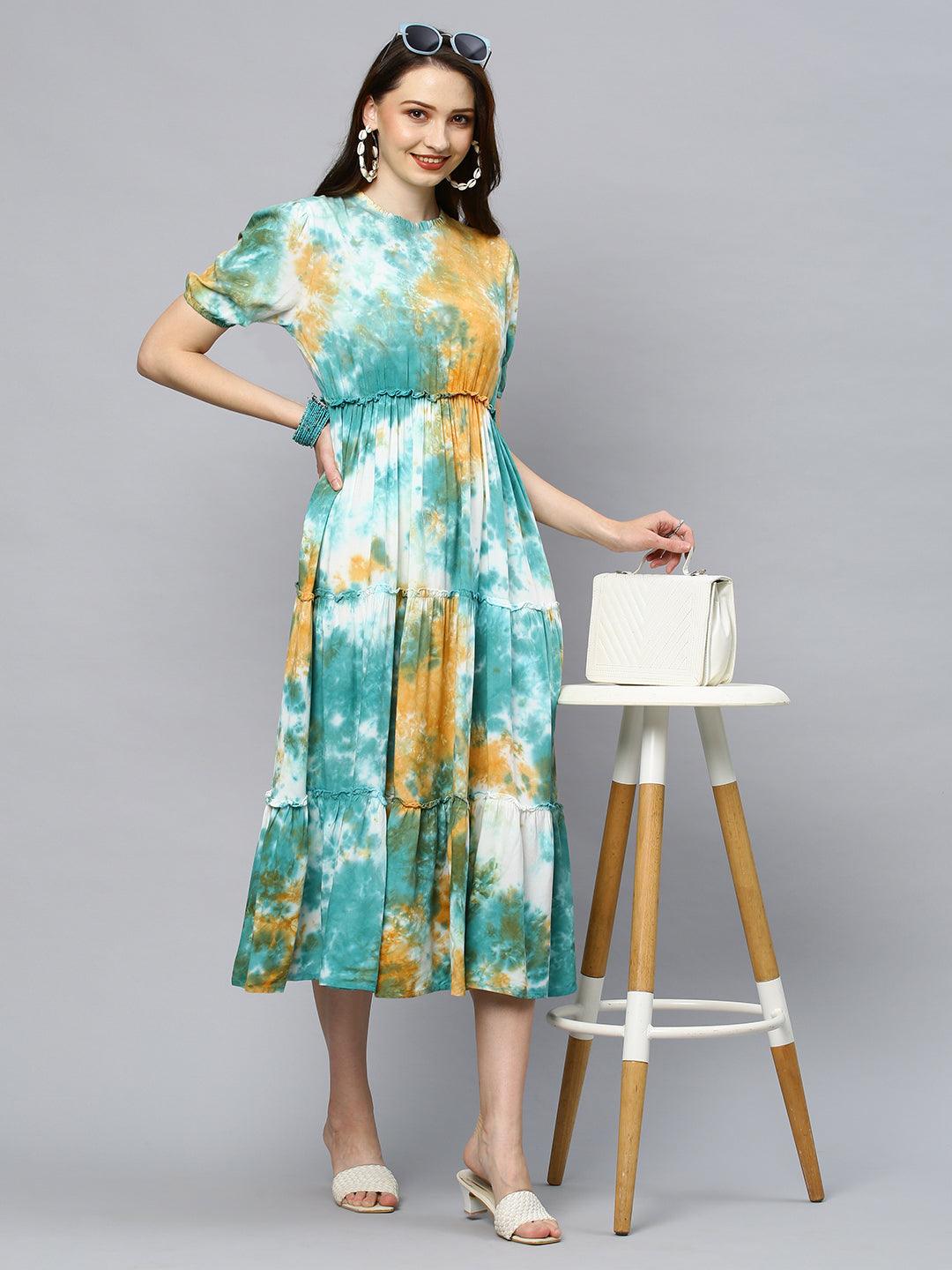 Tie-Dyed Tiered Flared Midi Dress - Multi - Indiakreations