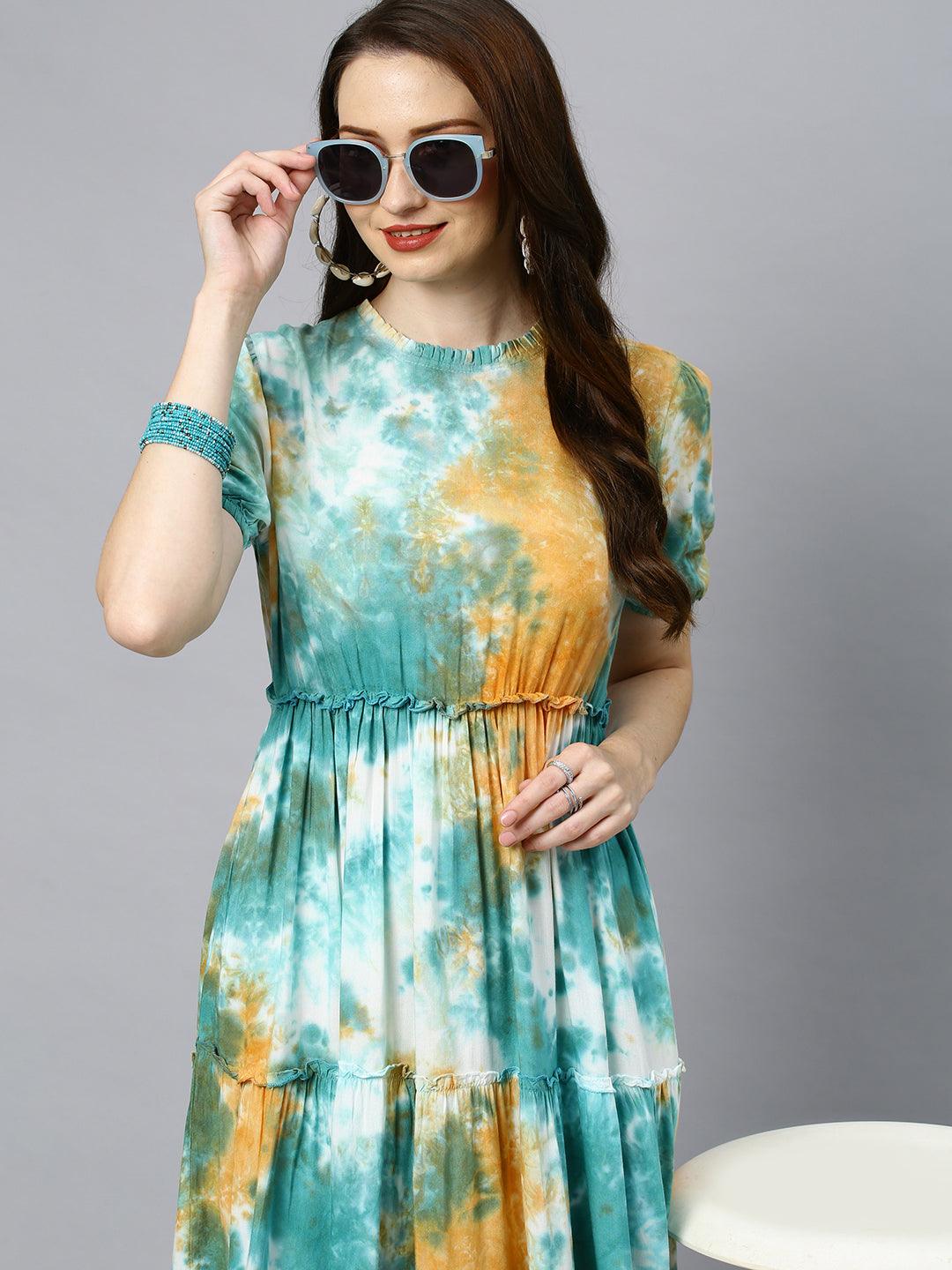 Tie-Dyed Tiered Flared Midi Dress - Multi - Indiakreations