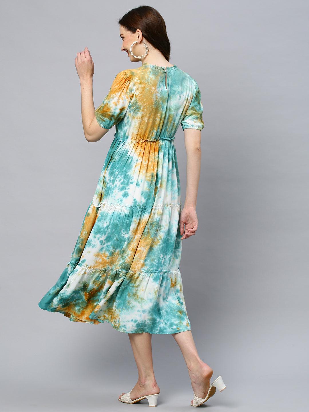 Tie-Dyed Tiered Flared Midi Dress - Multi - Indiakreations