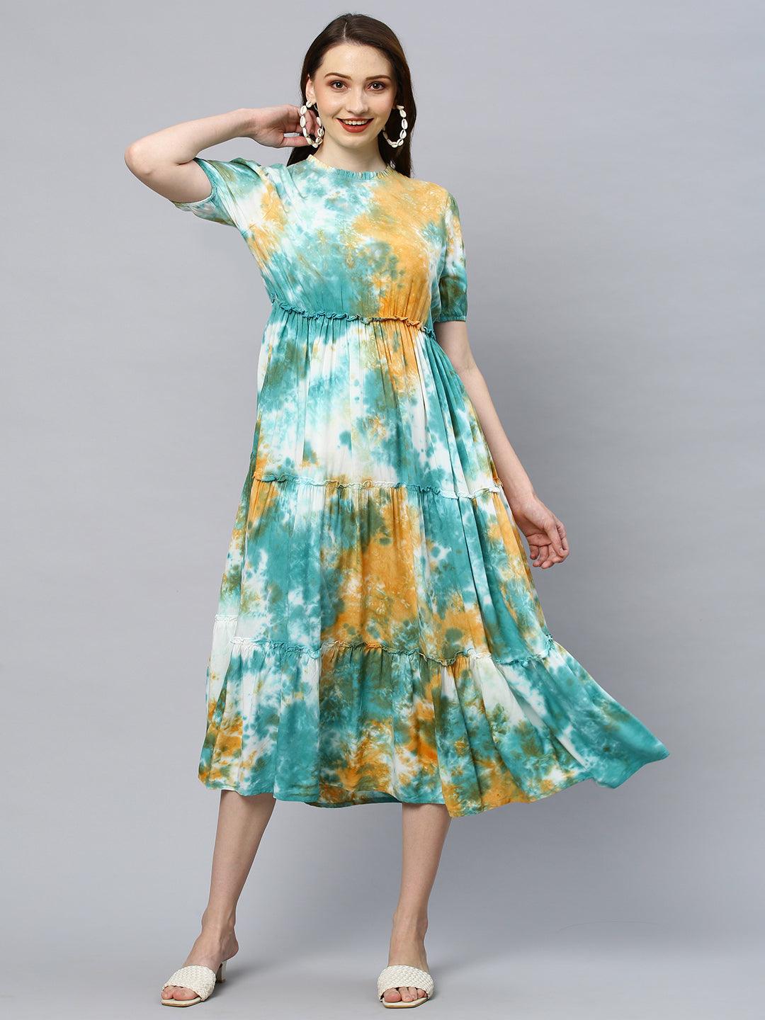 Tie-Dyed Tiered Flared Midi Dress - Multi - Indiakreations