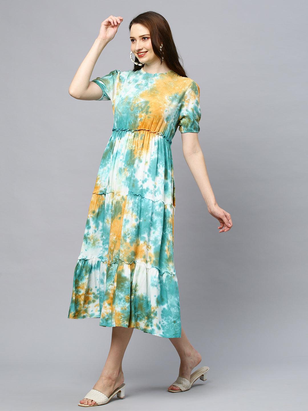 Tie-Dyed Tiered Flared Midi Dress - Multi - Indiakreations