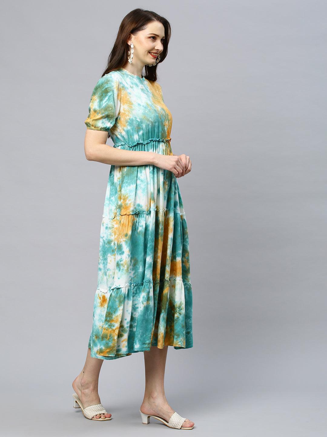 Tie-Dyed Tiered Flared Midi Dress - Multi - Indiakreations