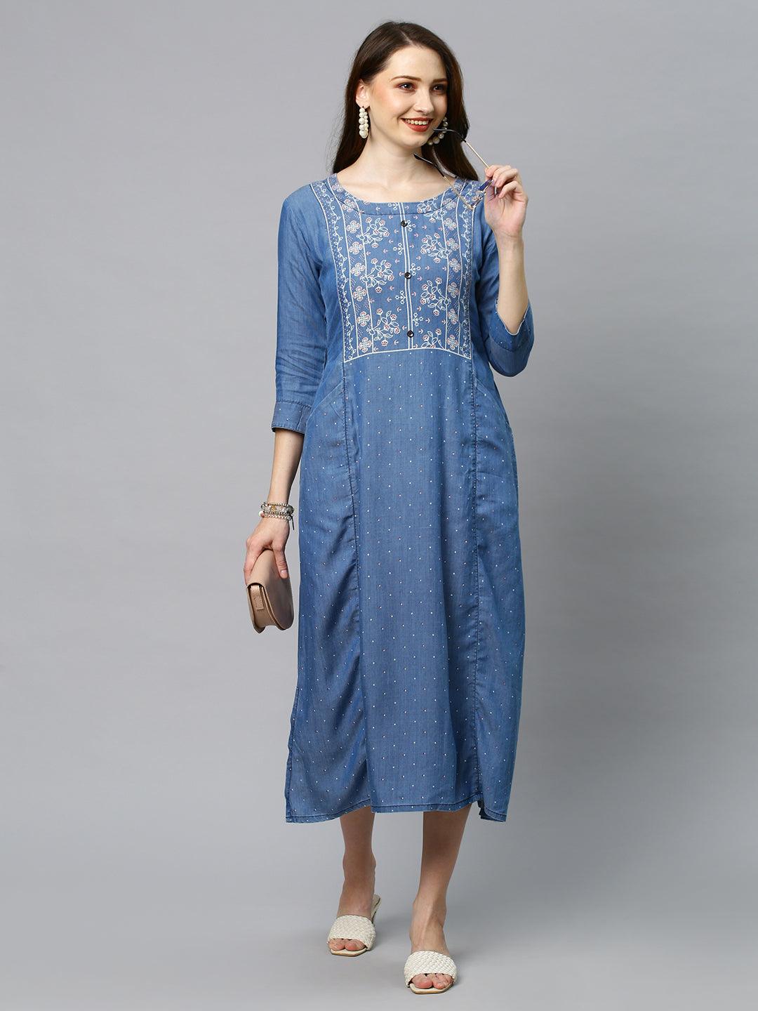 Floral Printed A-Line Midi Dress - Blue - Indiakreations