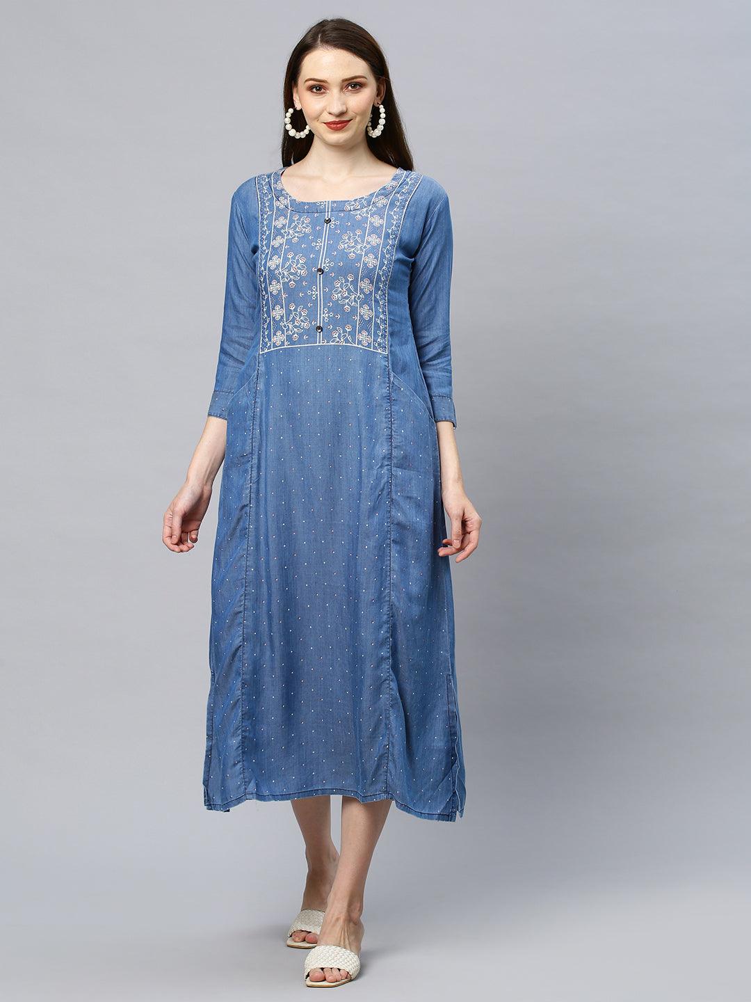 Floral Printed A-Line Midi Dress - Blue - Indiakreations