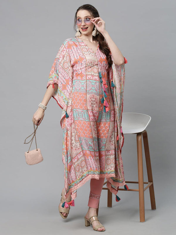 Ethnic Printed Kaftan Midi Dress - Multi - Indiakreations