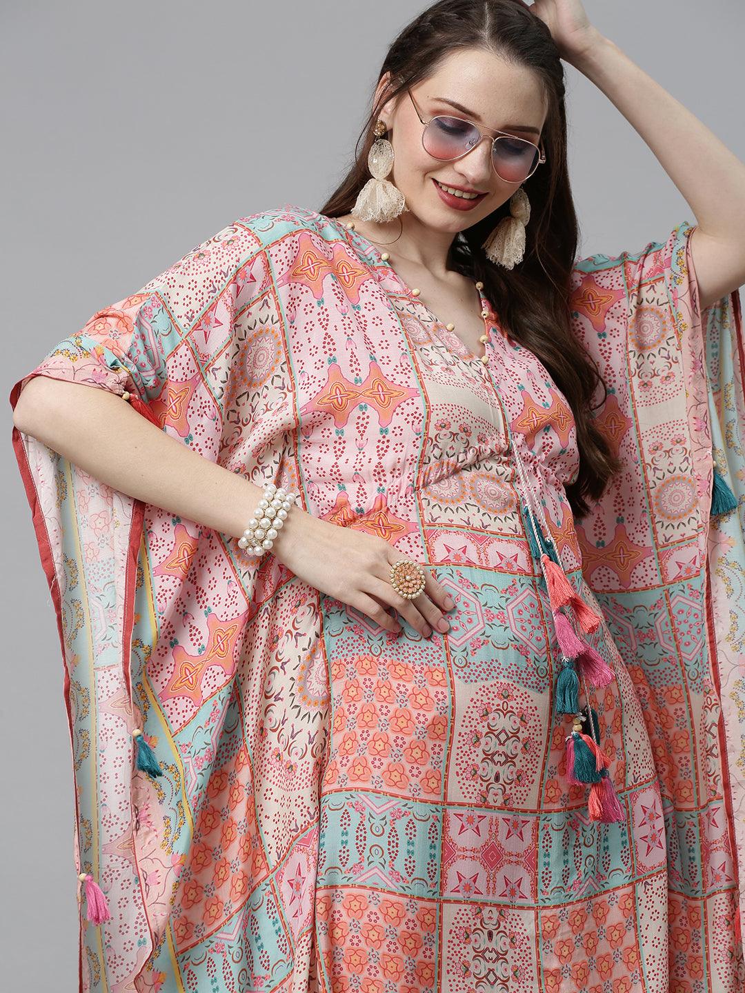 Ethnic Printed Kaftan Midi Dress - Multi - Indiakreations