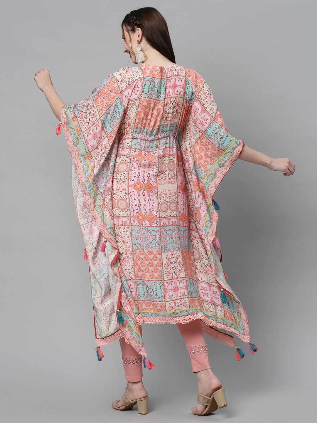 Ethnic Printed Kaftan Midi Dress - Multi - Indiakreations