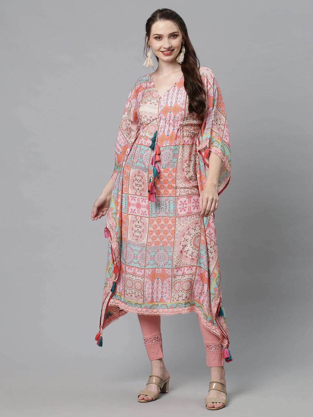 Ethnic Printed Kaftan Midi Dress - Multi - Indiakreations