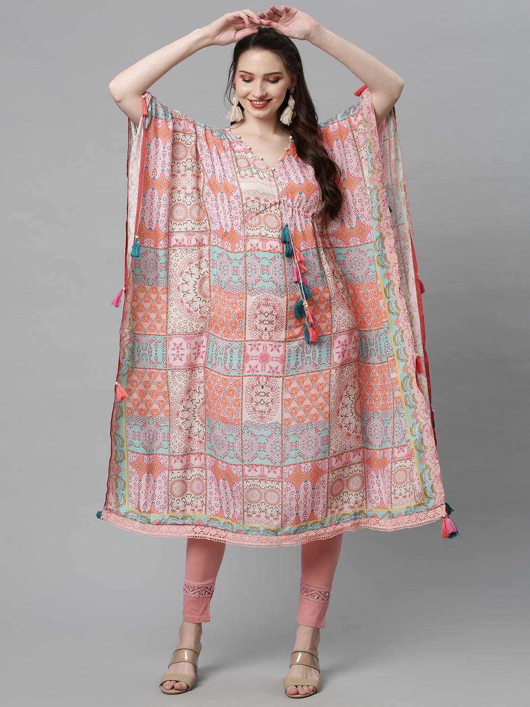 Ethnic Printed Kaftan Midi Dress - Multi - Indiakreations