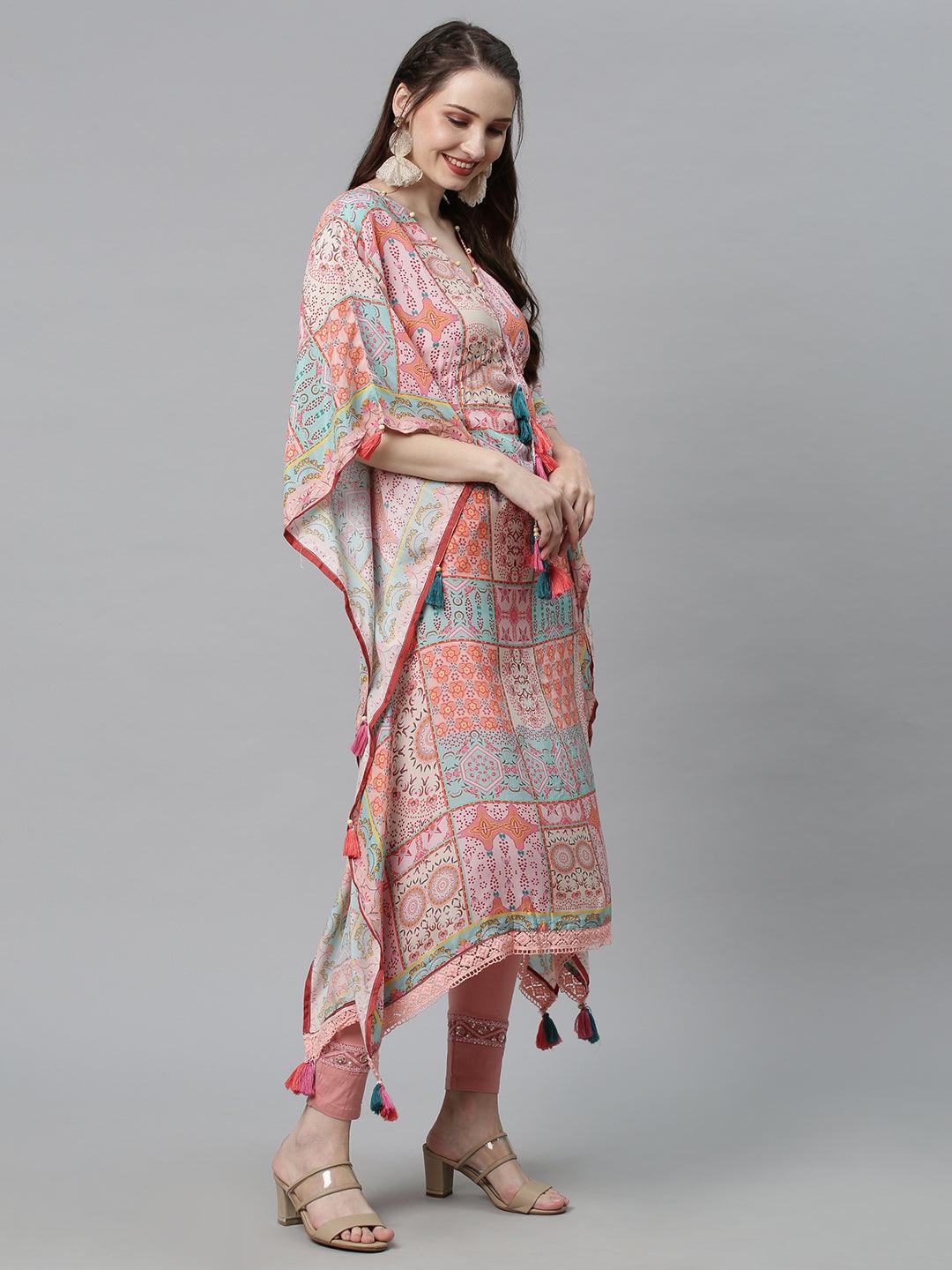 Ethnic Printed Kaftan Midi Dress - Multi - Indiakreations