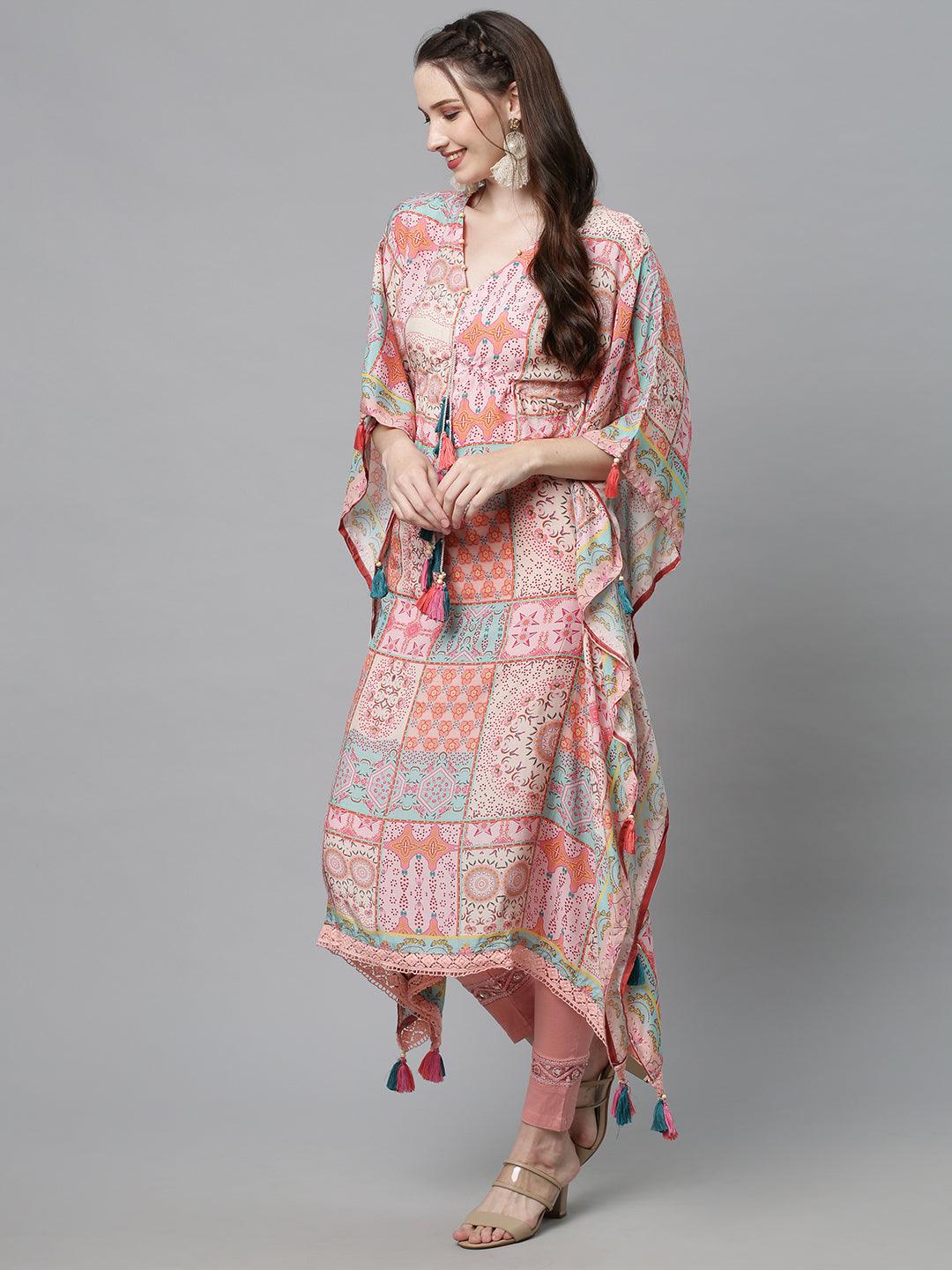 Ethnic Printed Kaftan Midi Dress - Multi - Indiakreations