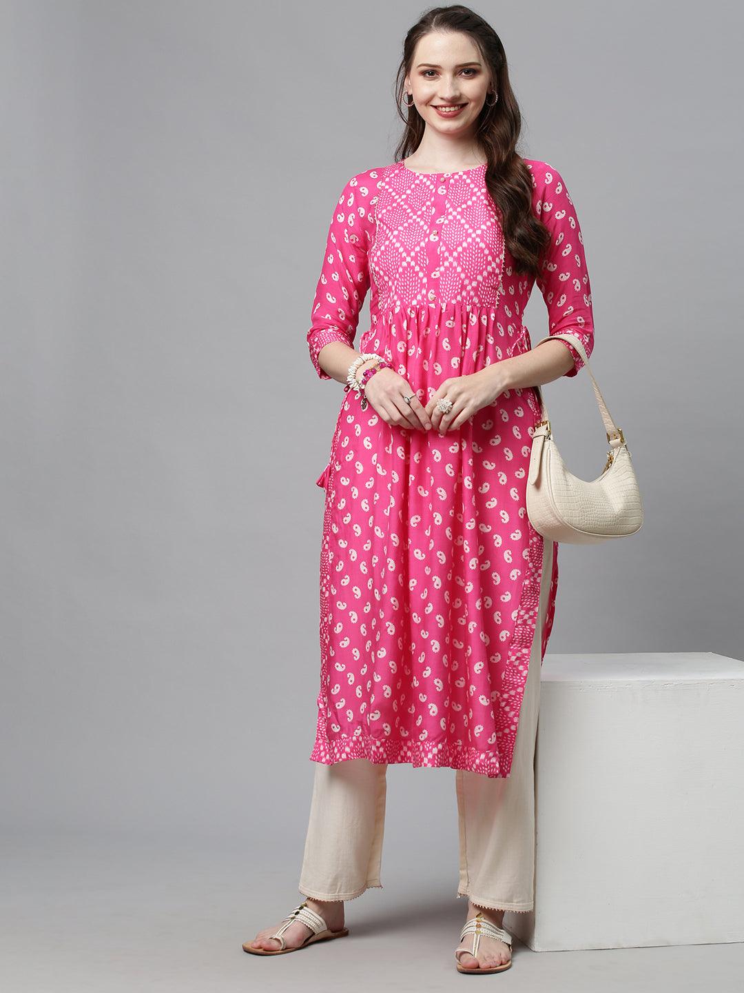 Ethnic Printed A-Line Flare Kurta – Pink - Indiakreations