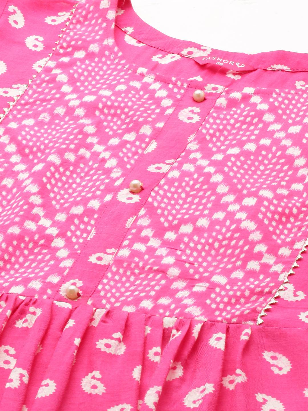 Ethnic Printed A-Line Flare Kurta – Pink - Indiakreations