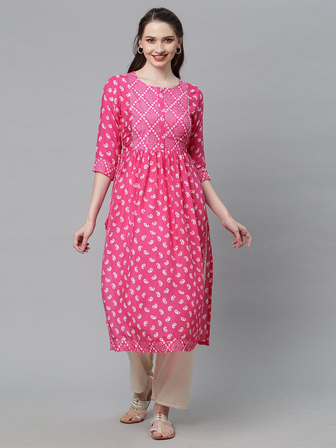 Ethnic Printed A-Line Flare Kurta – Pink - Indiakreations