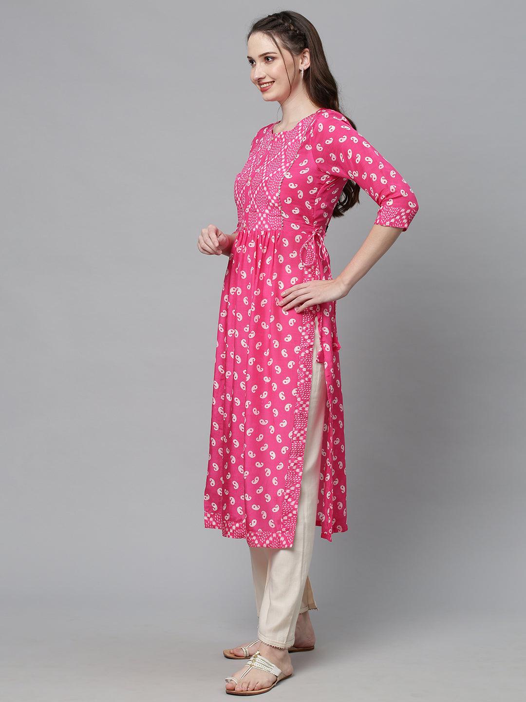 Ethnic Printed A-Line Flare Kurta – Pink - Indiakreations