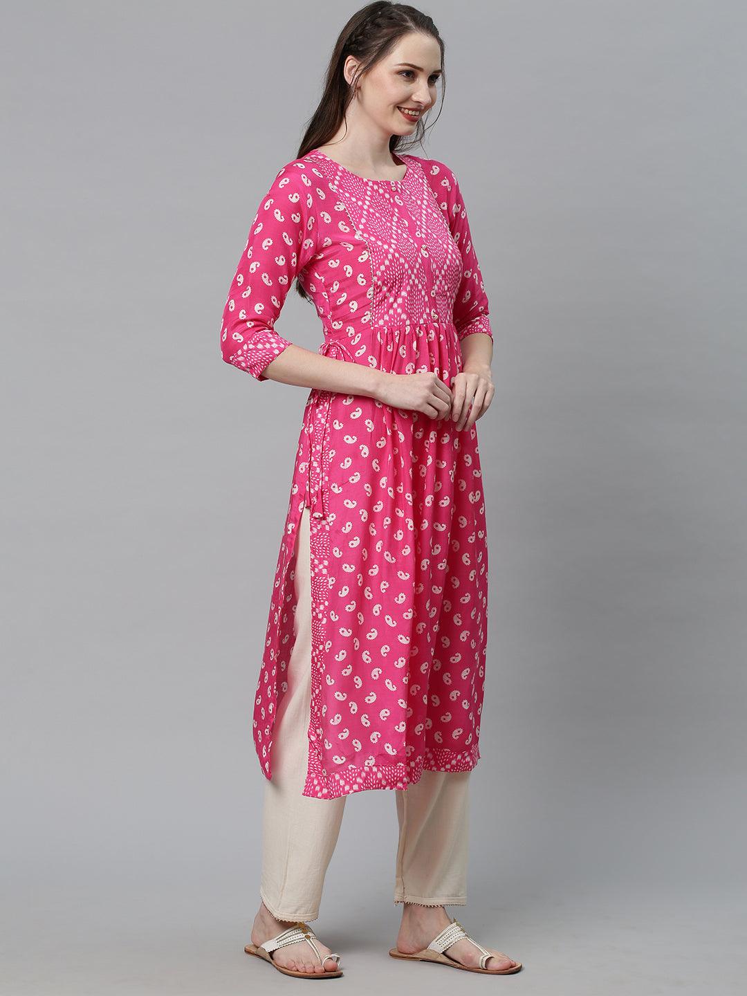 Ethnic Printed A-Line Flare Kurta – Pink - Indiakreations