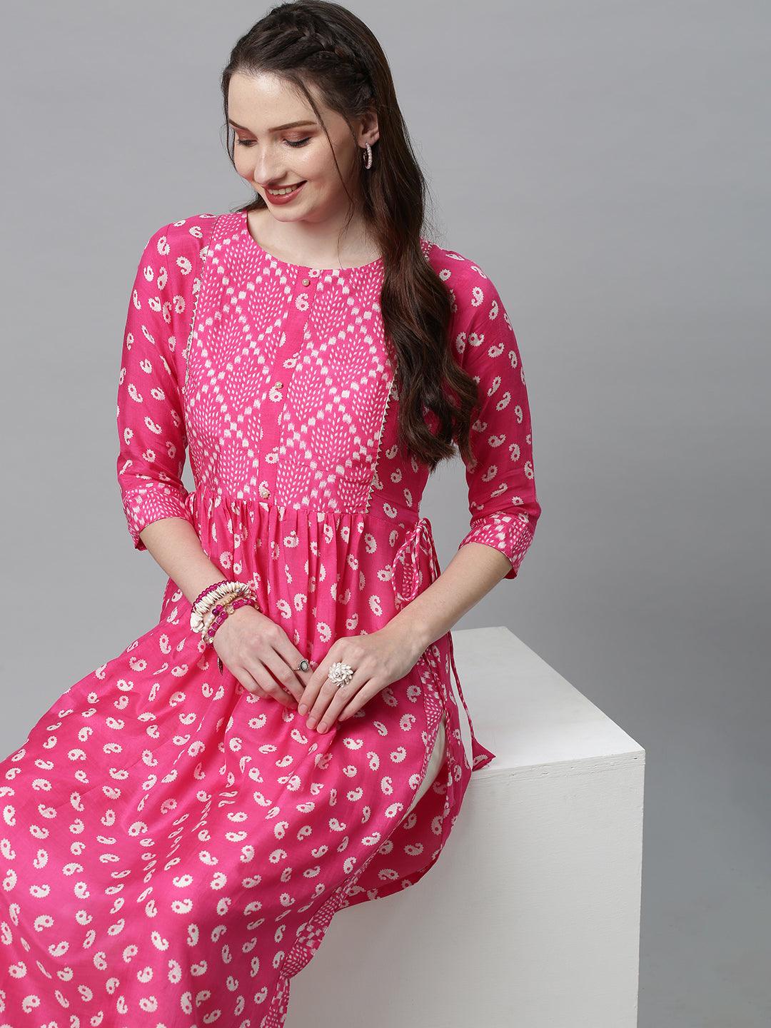 Ethnic Printed A-Line Flare Kurta – Pink - Indiakreations