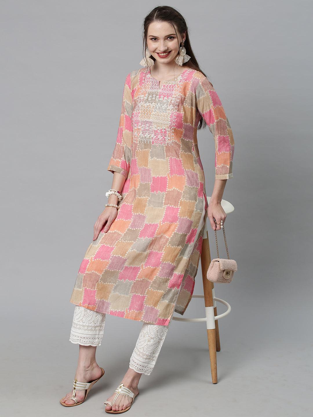 Ethnic Printed & Embroidered Straight Fit Kurta – Multi - Indiakreations