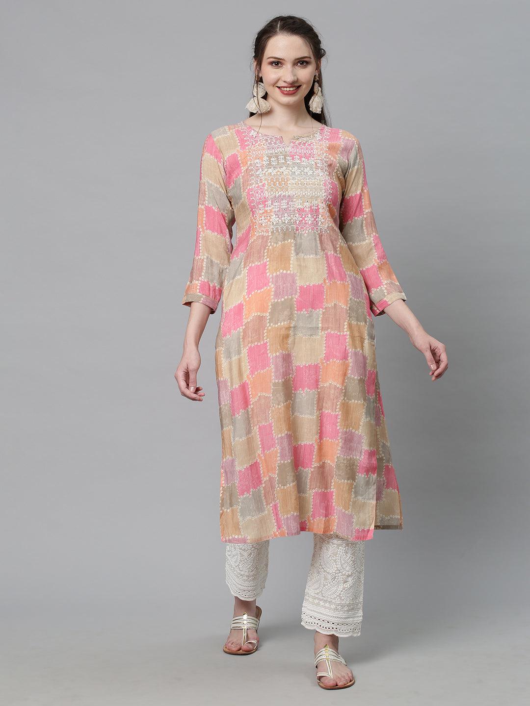 Ethnic Printed & Embroidered Straight Fit Kurta – Multi - Indiakreations