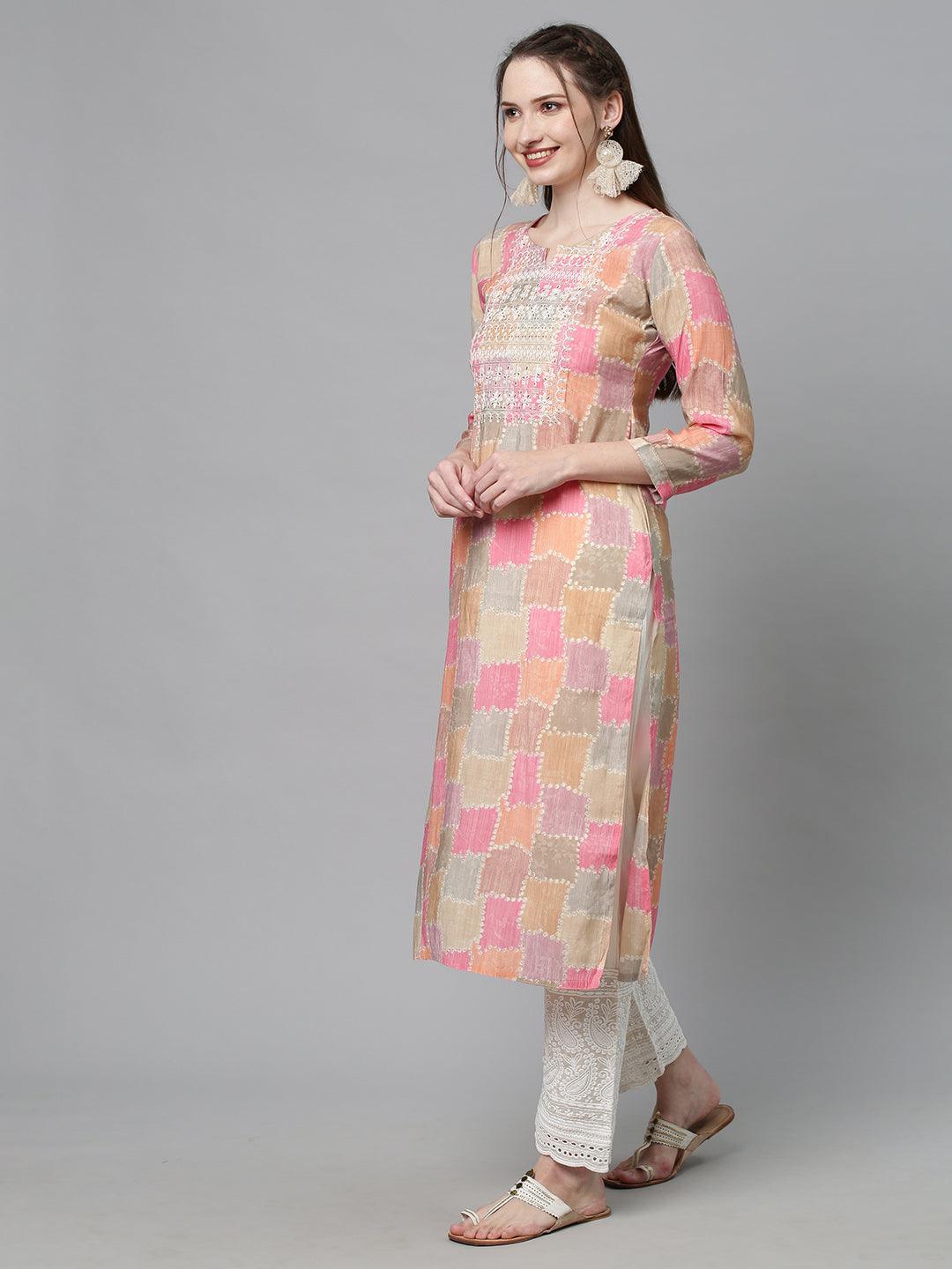 Ethnic Printed & Embroidered Straight Fit Kurta – Multi - Indiakreations