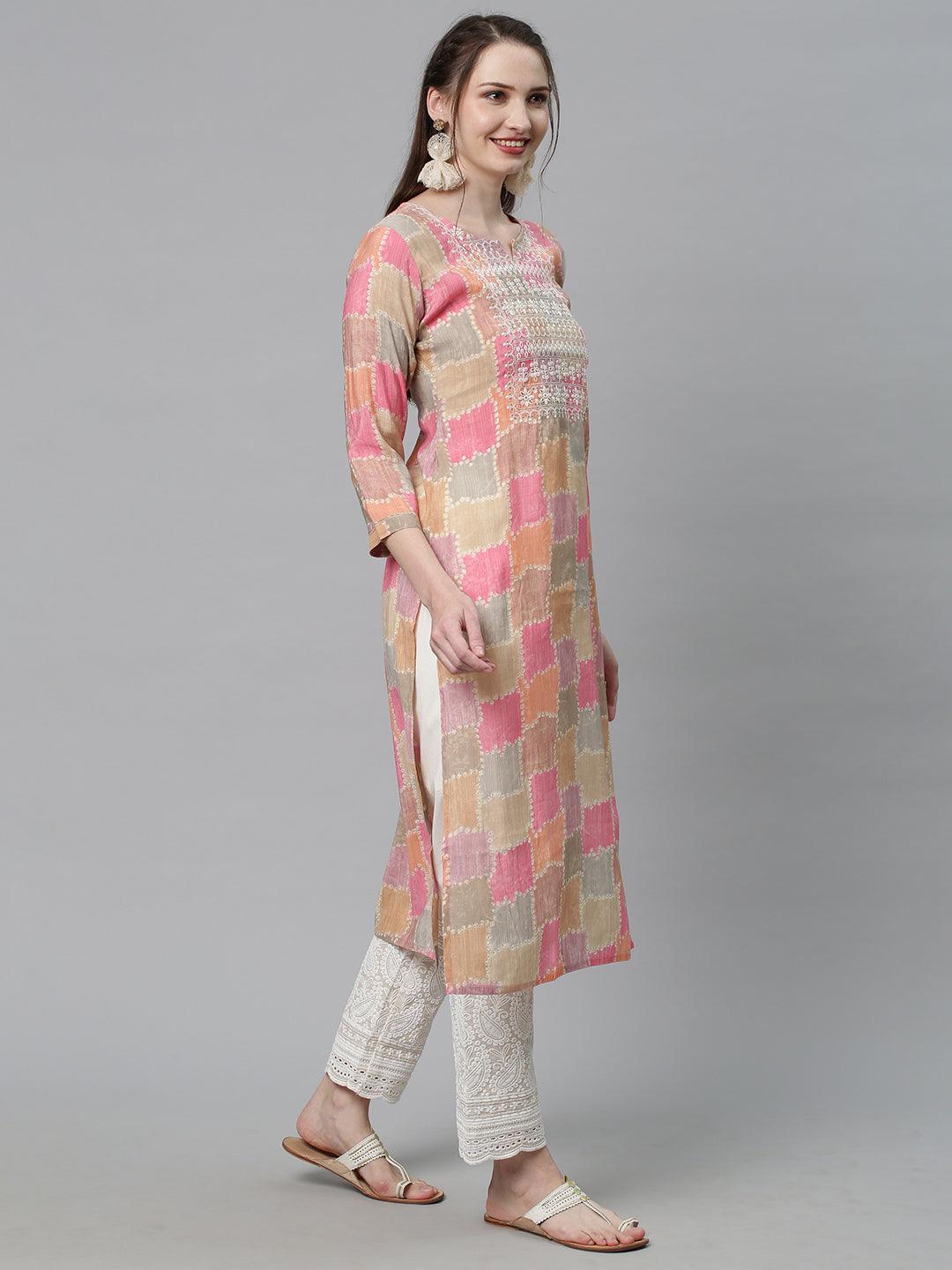 Ethnic Printed & Embroidered Straight Fit Kurta – Multi - Indiakreations