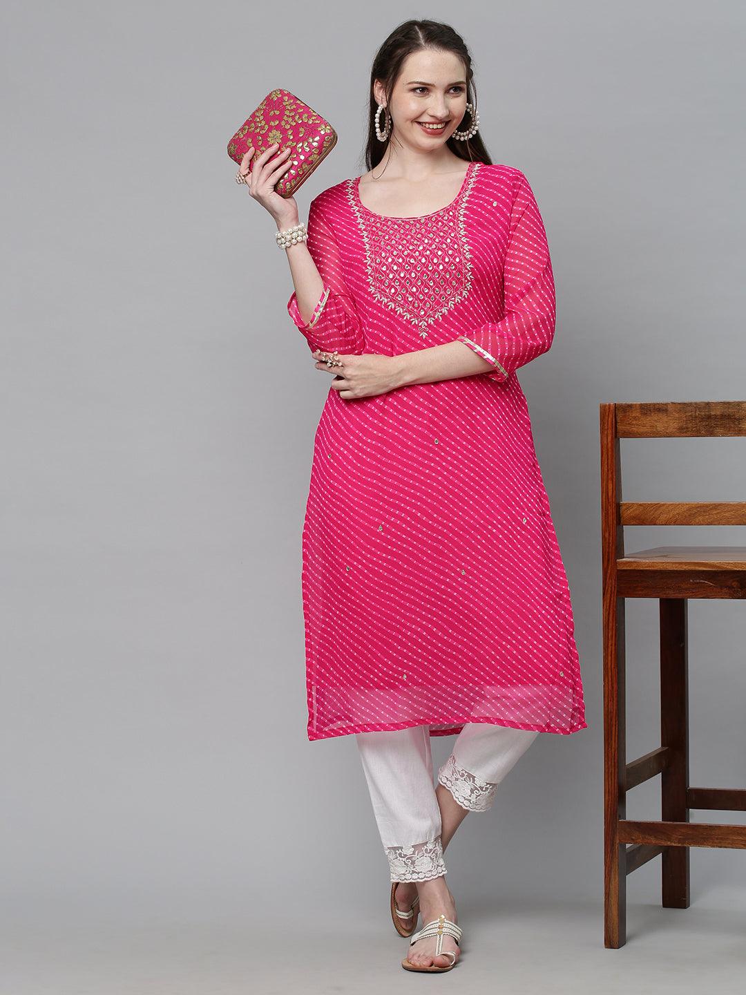 Leheriya Printed & Hand Embroidered Straight Fit Kurta - Rani Pink - Indiakreations