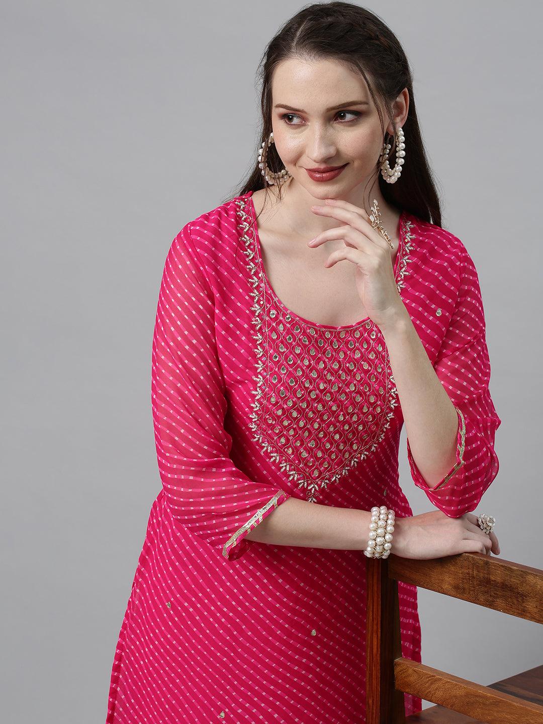 Leheriya Printed & Hand Embroidered Straight Fit Kurta - Rani Pink - Indiakreations