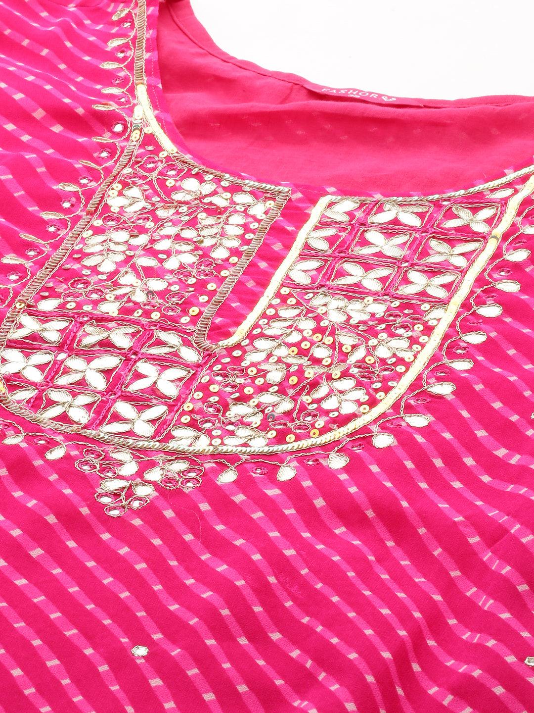 Leheriya Printed & Hand Embroidered Straight Fit Kurta - Rani Pink - Indiakreations