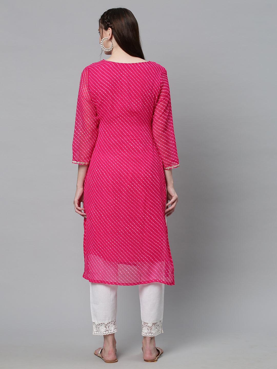 Leheriya Printed & Hand Embroidered Straight Fit Kurta - Rani Pink - Indiakreations