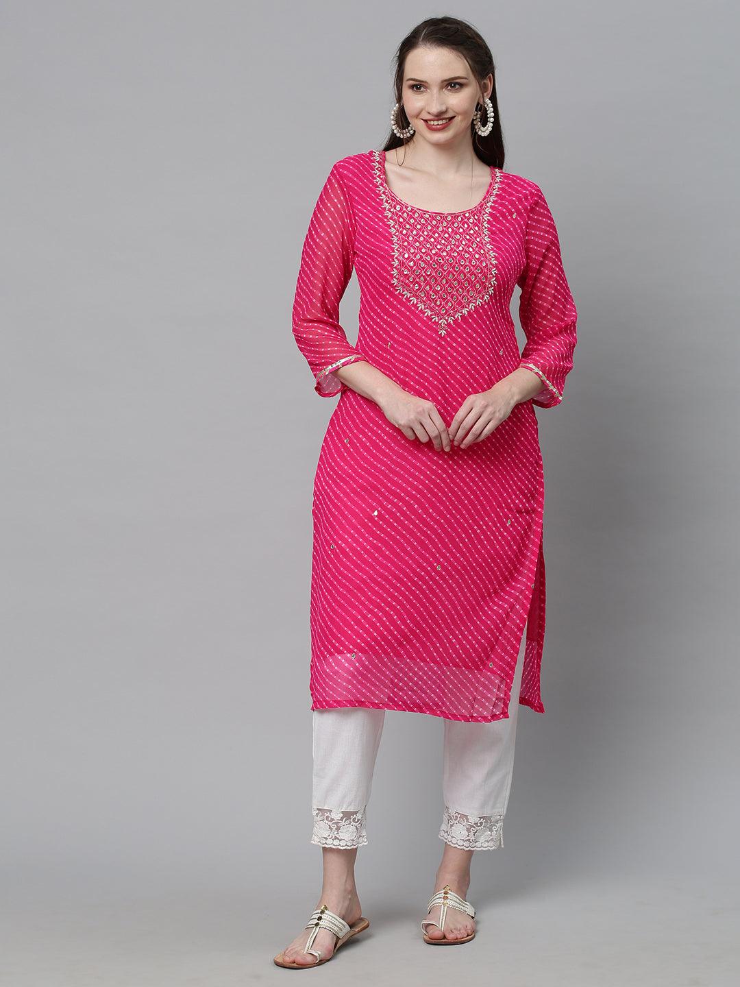 Leheriya Printed & Hand Embroidered Straight Fit Kurta - Rani Pink - Indiakreations