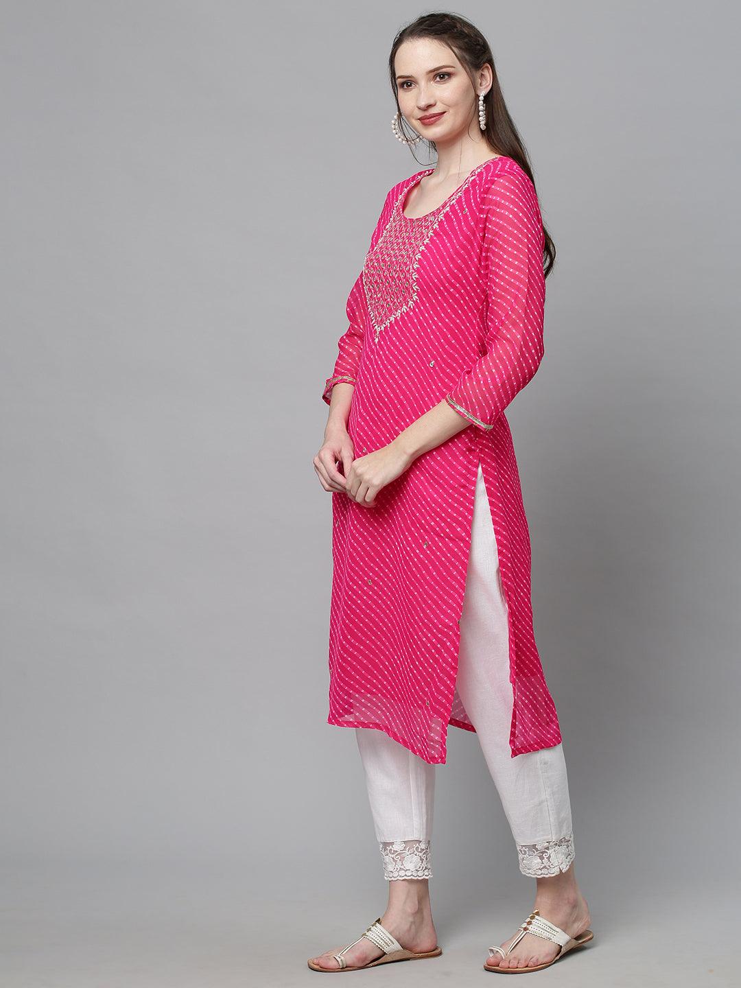 Leheriya Printed & Hand Embroidered Straight Fit Kurta - Rani Pink - Indiakreations