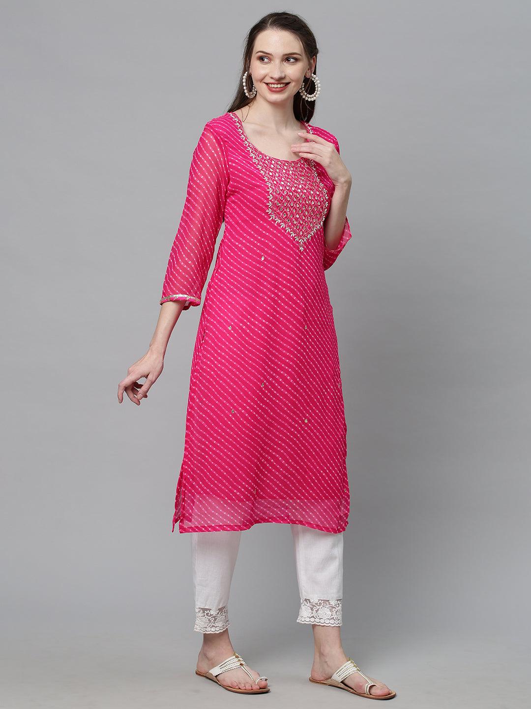 Leheriya Printed & Hand Embroidered Straight Fit Kurta - Rani Pink - Indiakreations