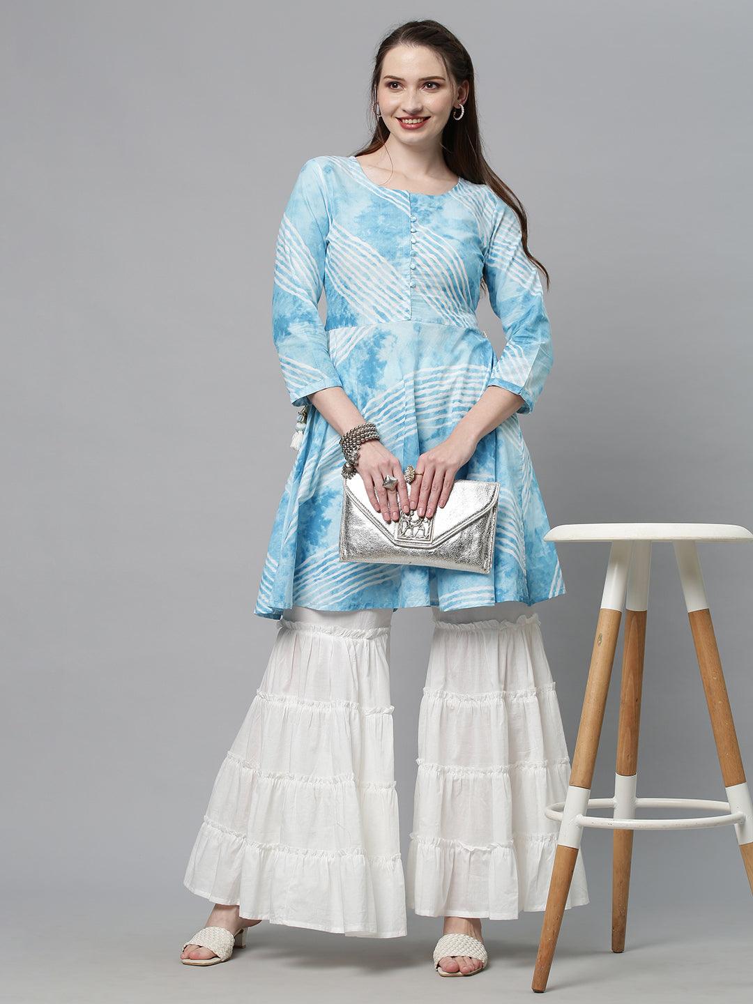 Leheriya Printed Peplum Flare Kurta with Sharara - Sky Blue - Indiakreations