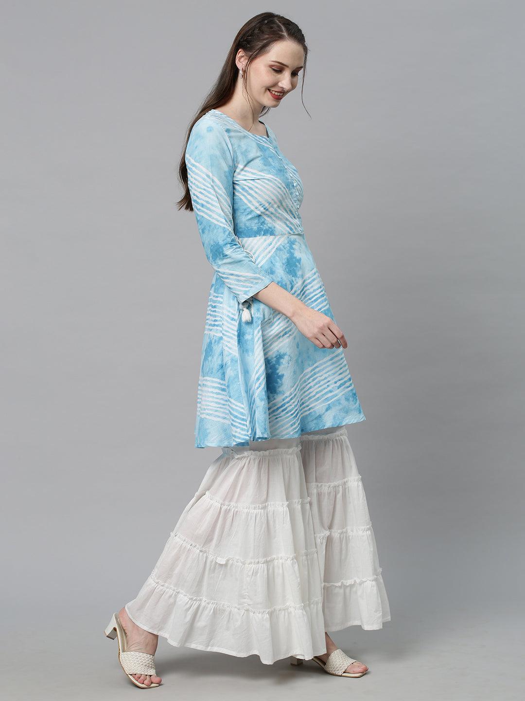 Leheriya Printed Peplum Flare Kurta with Sharara - Sky Blue - Indiakreations