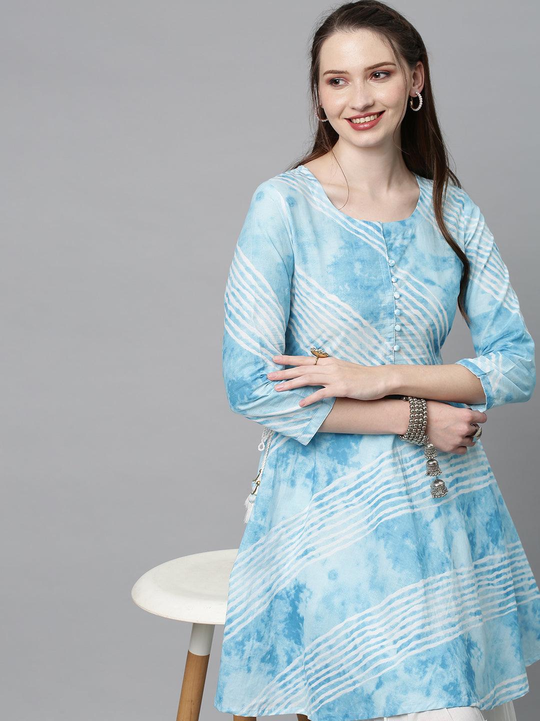 Leheriya Printed Peplum Flare Kurta with Sharara - Sky Blue - Indiakreations