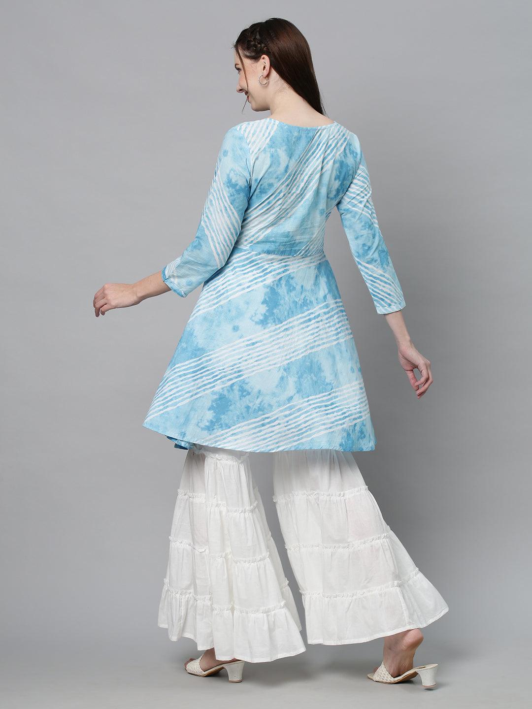 Leheriya Printed Peplum Flare Kurta with Sharara - Sky Blue - Indiakreations