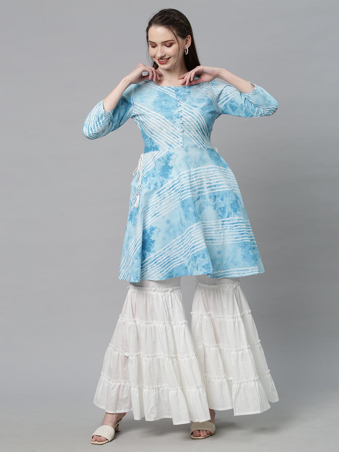 Leheriya Printed Peplum Flare Kurta with Sharara - Sky Blue - Indiakreations