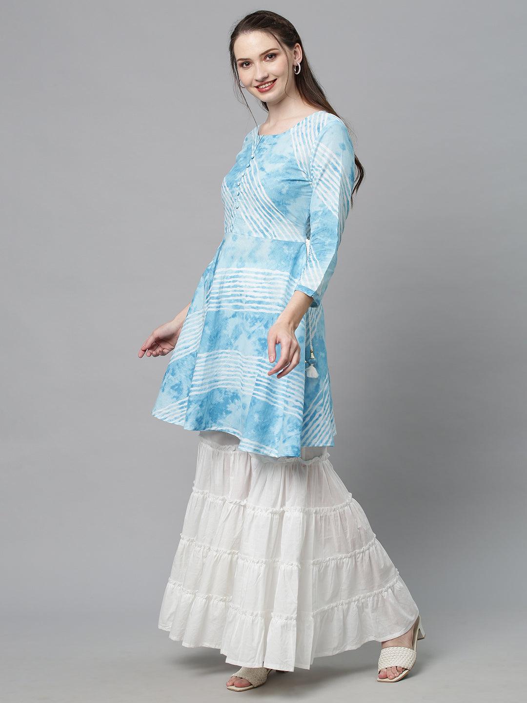 Leheriya Printed Peplum Flare Kurta with Sharara - Sky Blue - Indiakreations