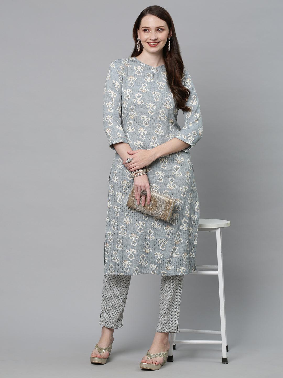 Ethnic Printed & Embroidered Straight Fit Kurta with Pants - Powder Blue - Indiakreations