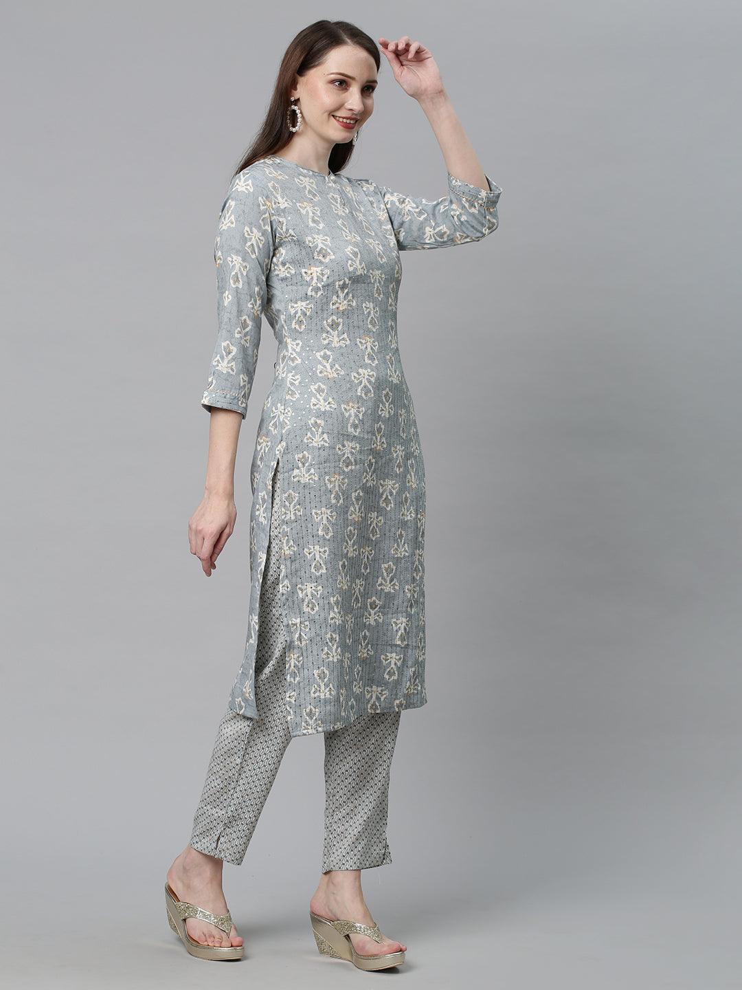 Ethnic Printed & Embroidered Straight Fit Kurta with Pants - Powder Blue - Indiakreations