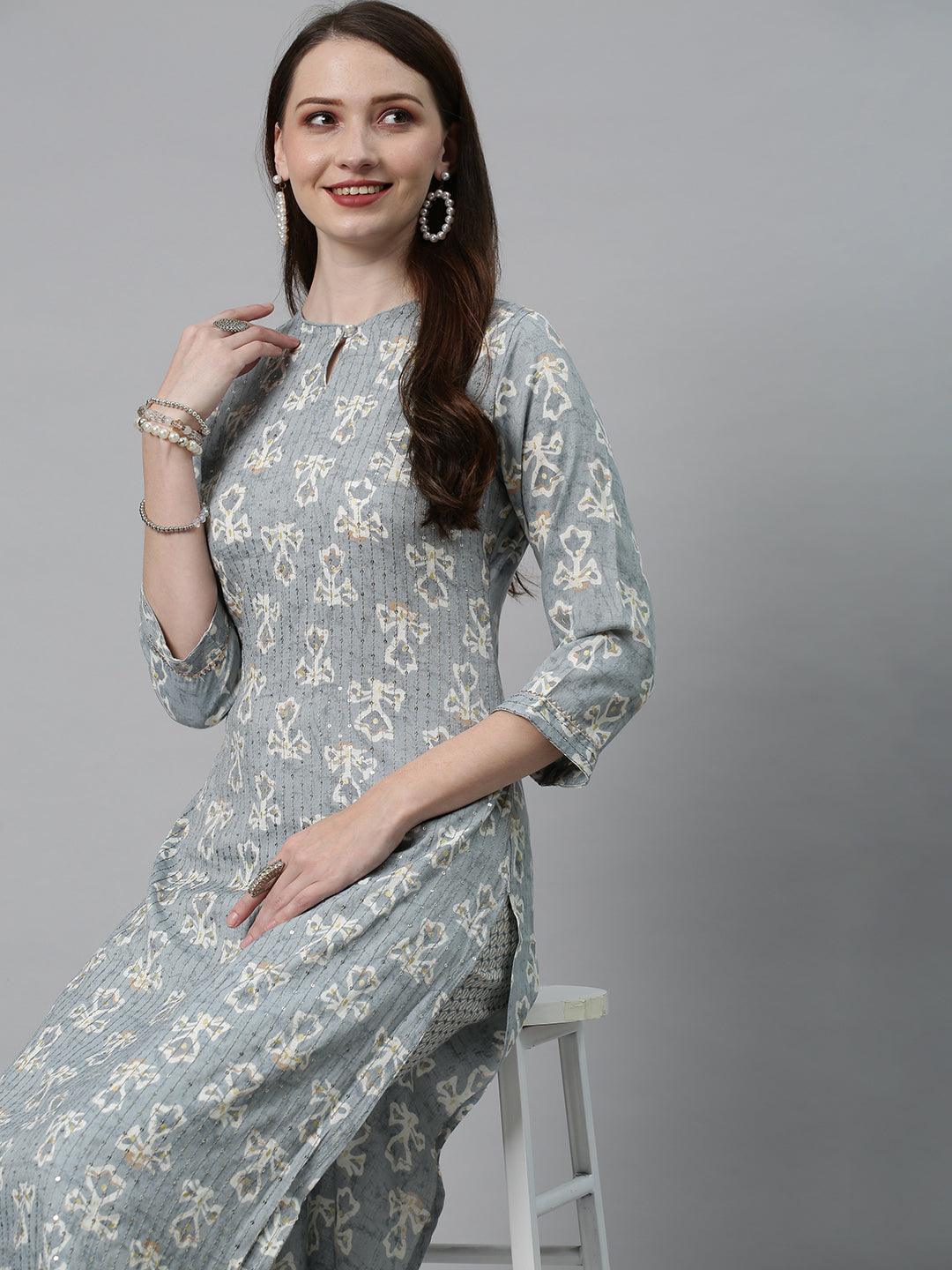 Ethnic Printed & Embroidered Straight Fit Kurta with Pants - Powder Blue - Indiakreations