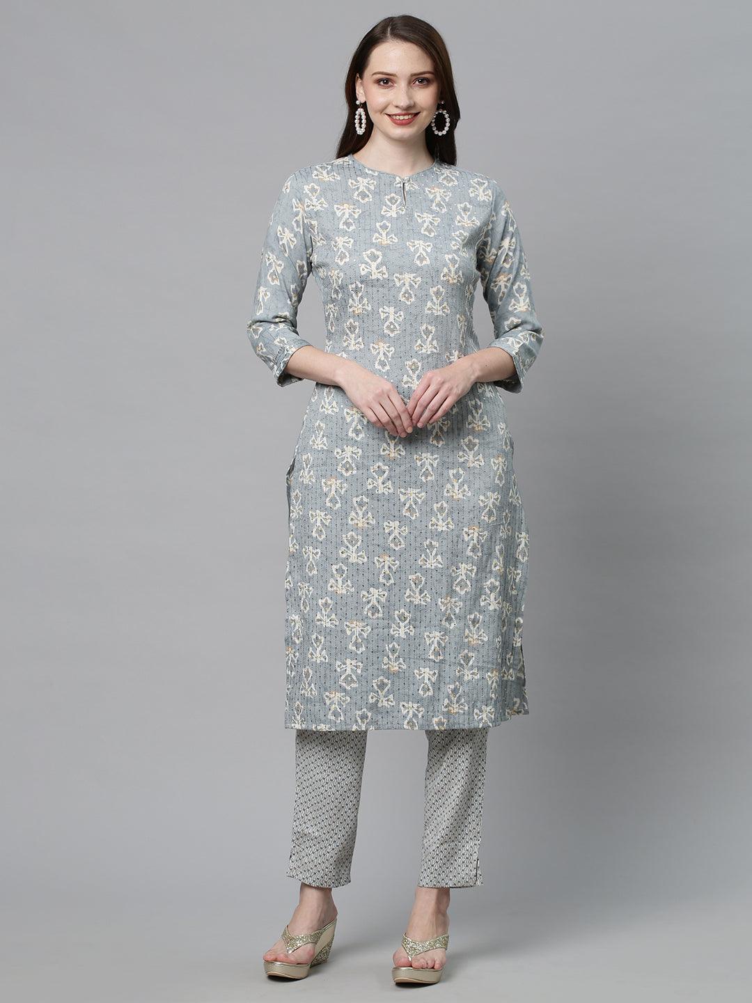 Ethnic Printed & Embroidered Straight Fit Kurta with Pants - Powder Blue - Indiakreations