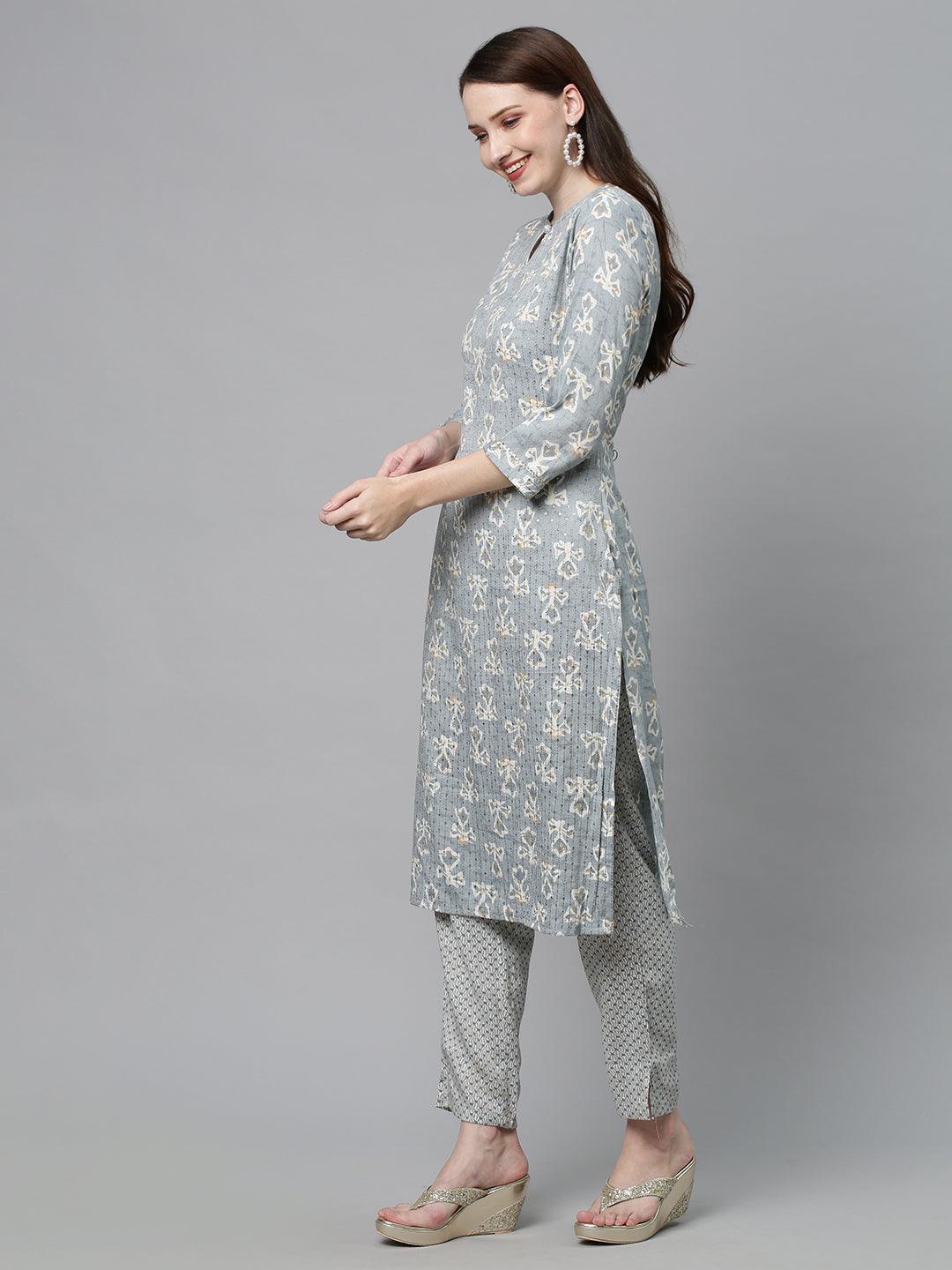 Ethnic Printed & Embroidered Straight Fit Kurta with Pants - Powder Blue - Indiakreations