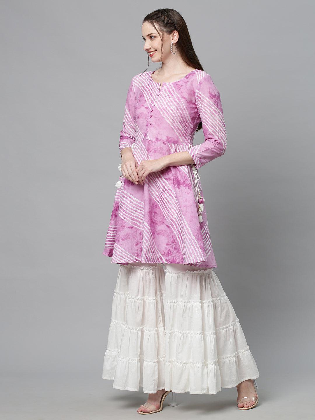 Leheriya Printed Peplum Flare Kurta with Sharara - Purple - Indiakreations