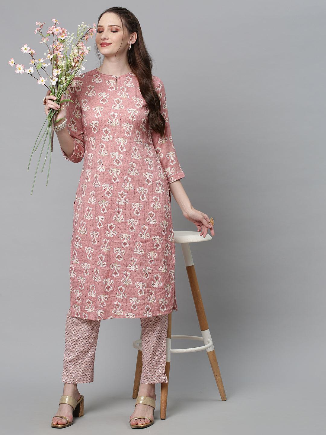 Ethnic Printed & Embroidered Straight Fit Kurta with Pants - Pink - Indiakreations