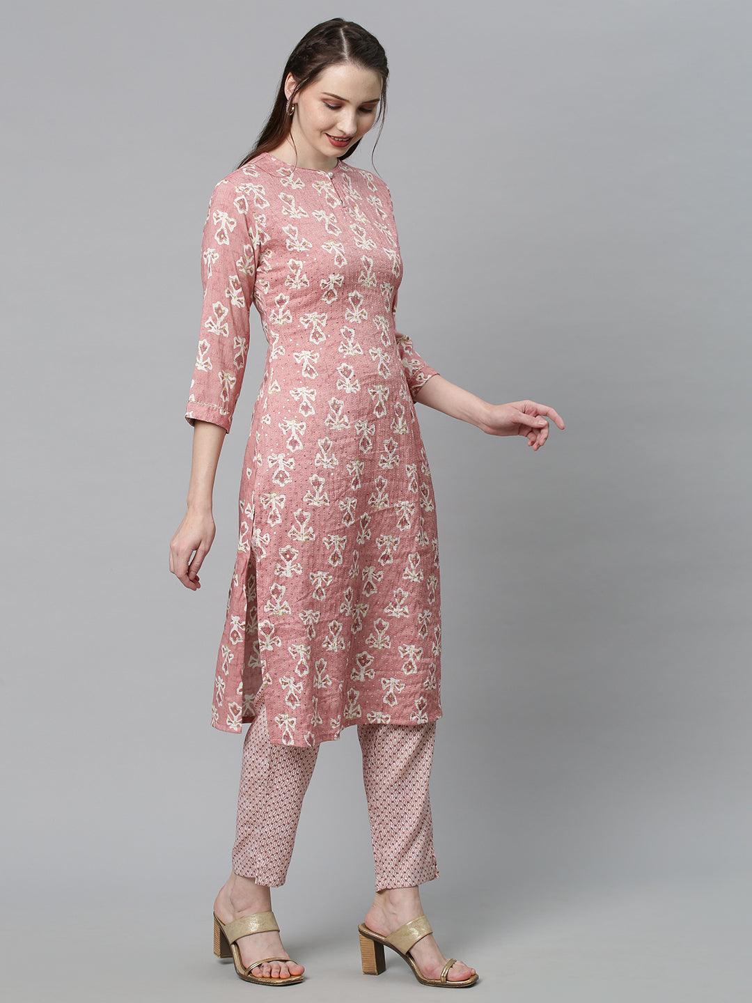 Ethnic Printed & Embroidered Straight Fit Kurta with Pants - Pink - Indiakreations