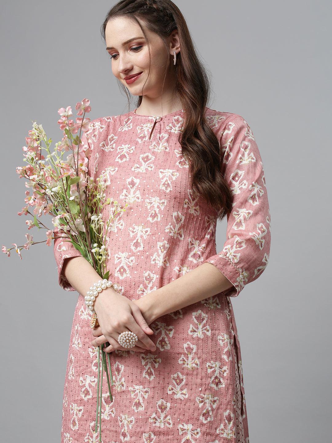 Ethnic Printed & Embroidered Straight Fit Kurta with Pants - Pink - Indiakreations